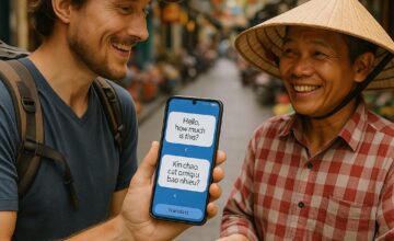 Person using translation app on smartphone for communication