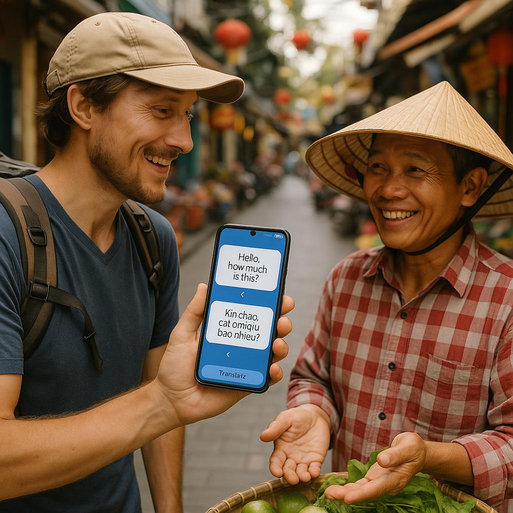 How to Navigate Language Barriers and Save Money: A Practical Guide 2 Person using translation app on smartphone for communication