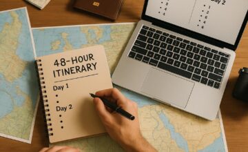 Person planning a detailed 48-hour travel itinerary on laptop
