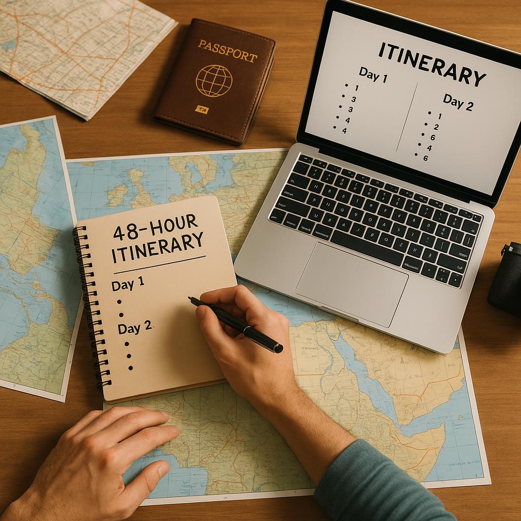 Person planning a detailed 48-hour travel itinerary on laptop