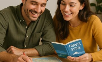 Couple planning a trip with maps and guides