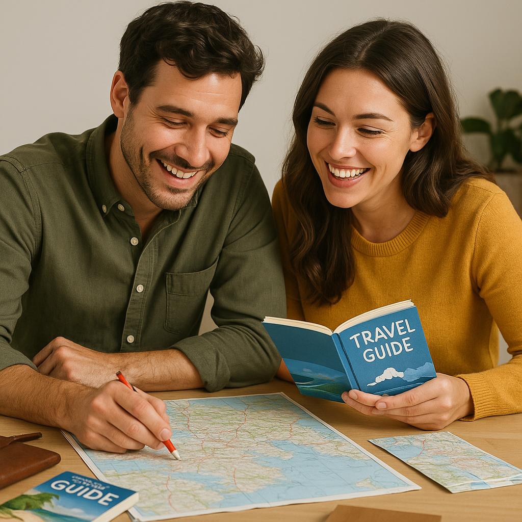 How Do You Plan a Couples Trip as a Couple? 2 Couple planning a trip with maps and guides