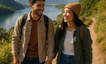 Couple walking outdoors enjoying budget travel experience