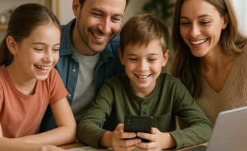 Family planning trip together around a table with travel materials