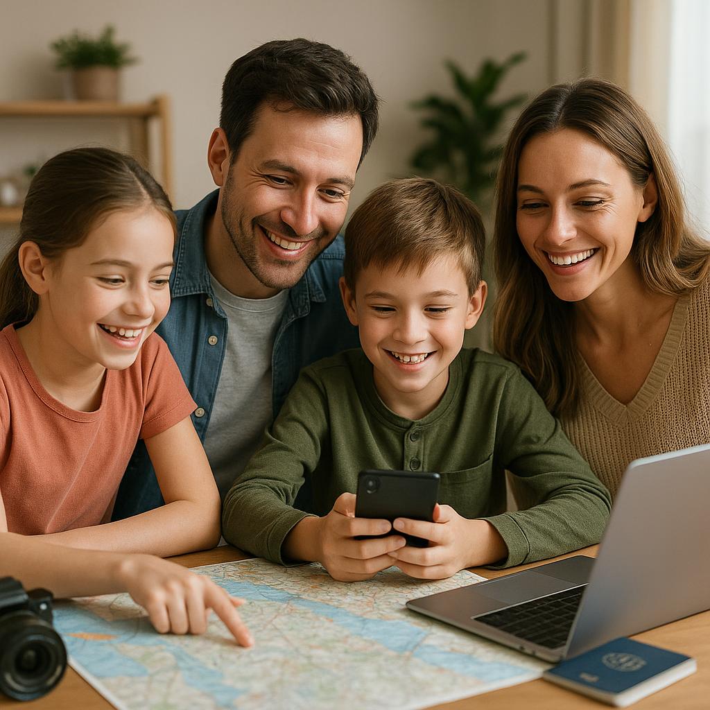 Family planning trip together around a table with travel materials