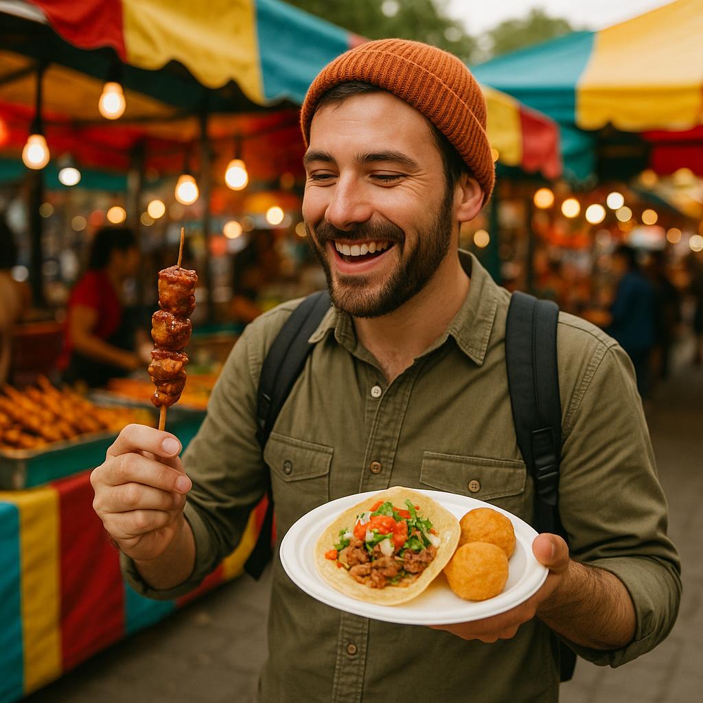 How to Plan a Food-Focused Trip with Flexible Dates 2 Traveler tasting street foods at a vibrant market