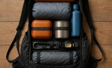A well-organized lightweight hiking backpack packed with minimal gear