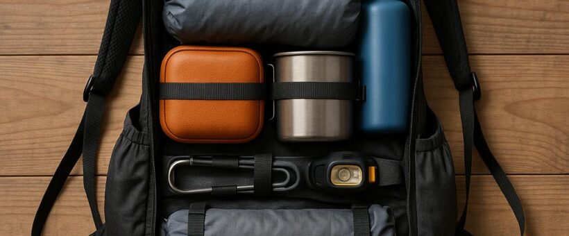 A well-organized lightweight hiking backpack packed with minimal gear