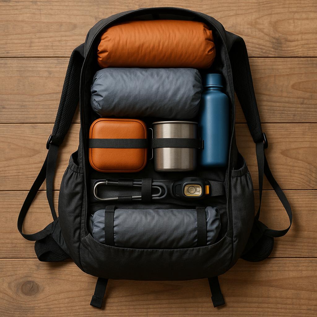 A well-organized lightweight hiking backpack packed with minimal gear