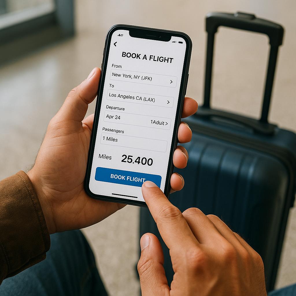 Person using smartphone to book last-minute flight with points