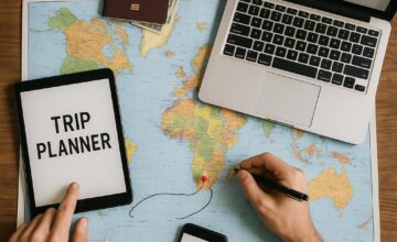 Person planning multi-country trip with map and digital tools