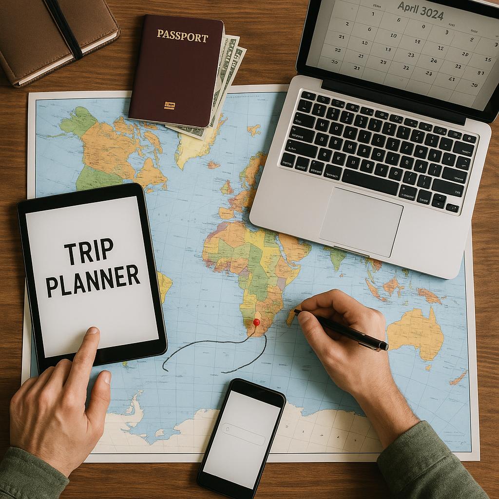 Person planning multi-country trip with map and digital tools