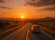 Car traveling on a scenic sunset road