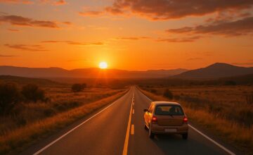 Car traveling on a scenic sunset road