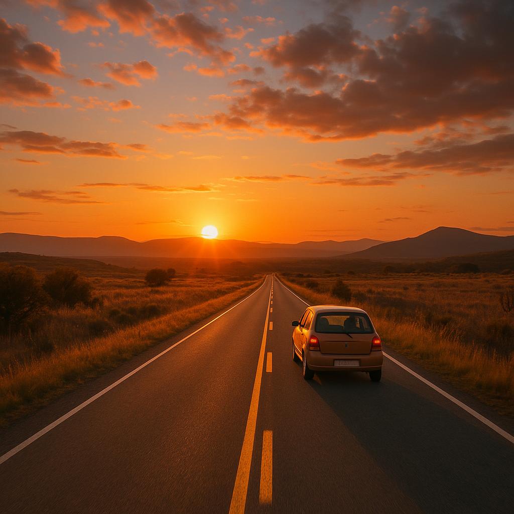 Car traveling on a scenic sunset road