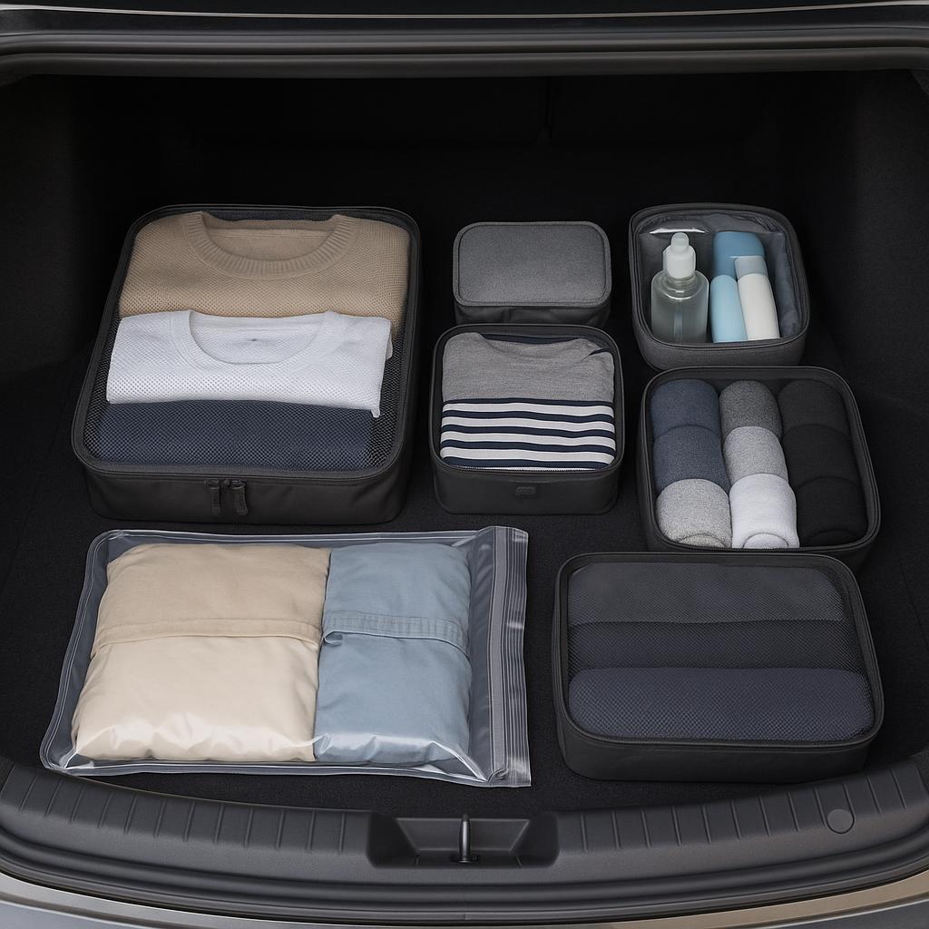 Organized packing cubes and compressed luggage in car trunk
