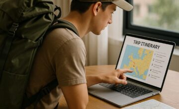 Solo traveler planning an itinerary on a laptop