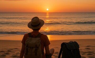 Solo traveler on peaceful beach at sunset with minimal luggage