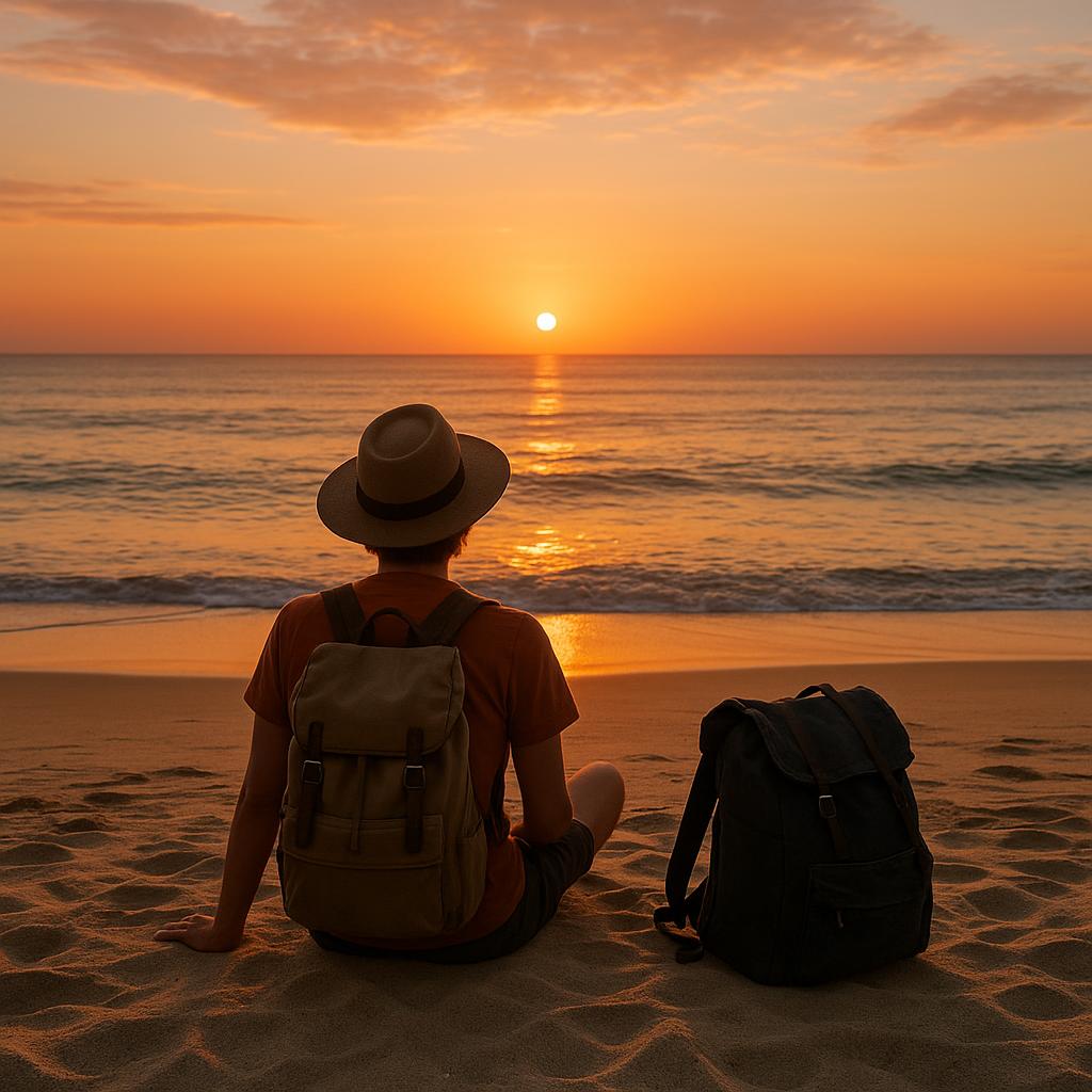 Solo traveler on peaceful beach at sunset with minimal luggage
