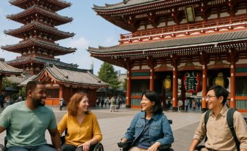 Accessible city attraction with traveler wheelchair user
