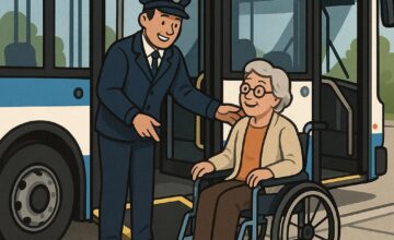 Accessible public transit vehicle with ramp deployed for passenger