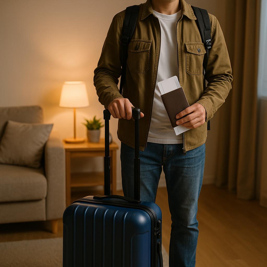Traveler preparing luggage and documents for early morning airport transfer