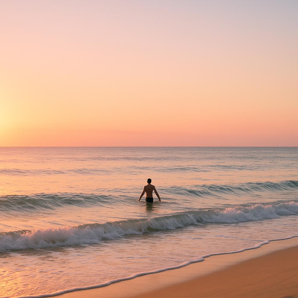 Swimmer entering the calm ocean at sunrise with soft colorful sky