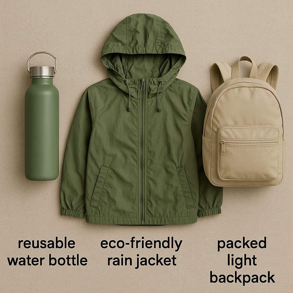Packed light with sustainable travel gear including reusable items and rain jacket