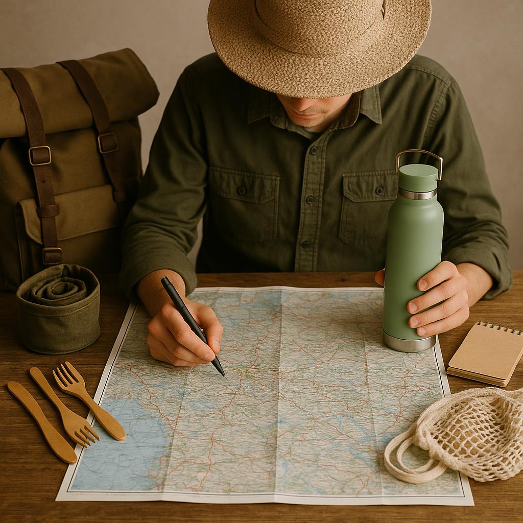 Traveler planning low-waste trip with reusable gear