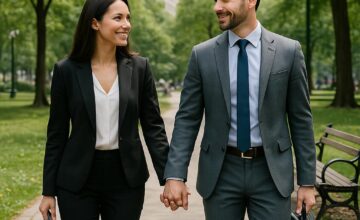 Couple walking hand-in-hand in a city park between meetings