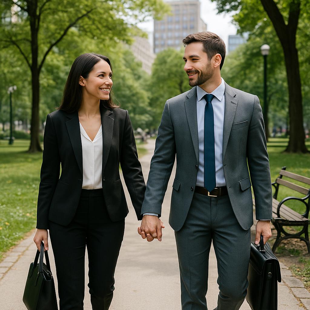 Couple walking hand-in-hand in a city park between meetings