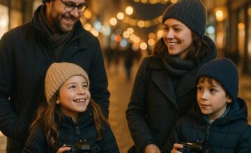 Family night photography walk with children capturing city lights