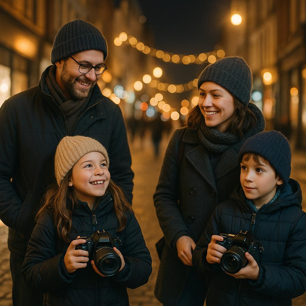 Family night photography walk with children capturing city lights