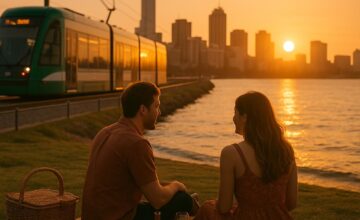 Sunset picnic by urban waterfront with city trams in background