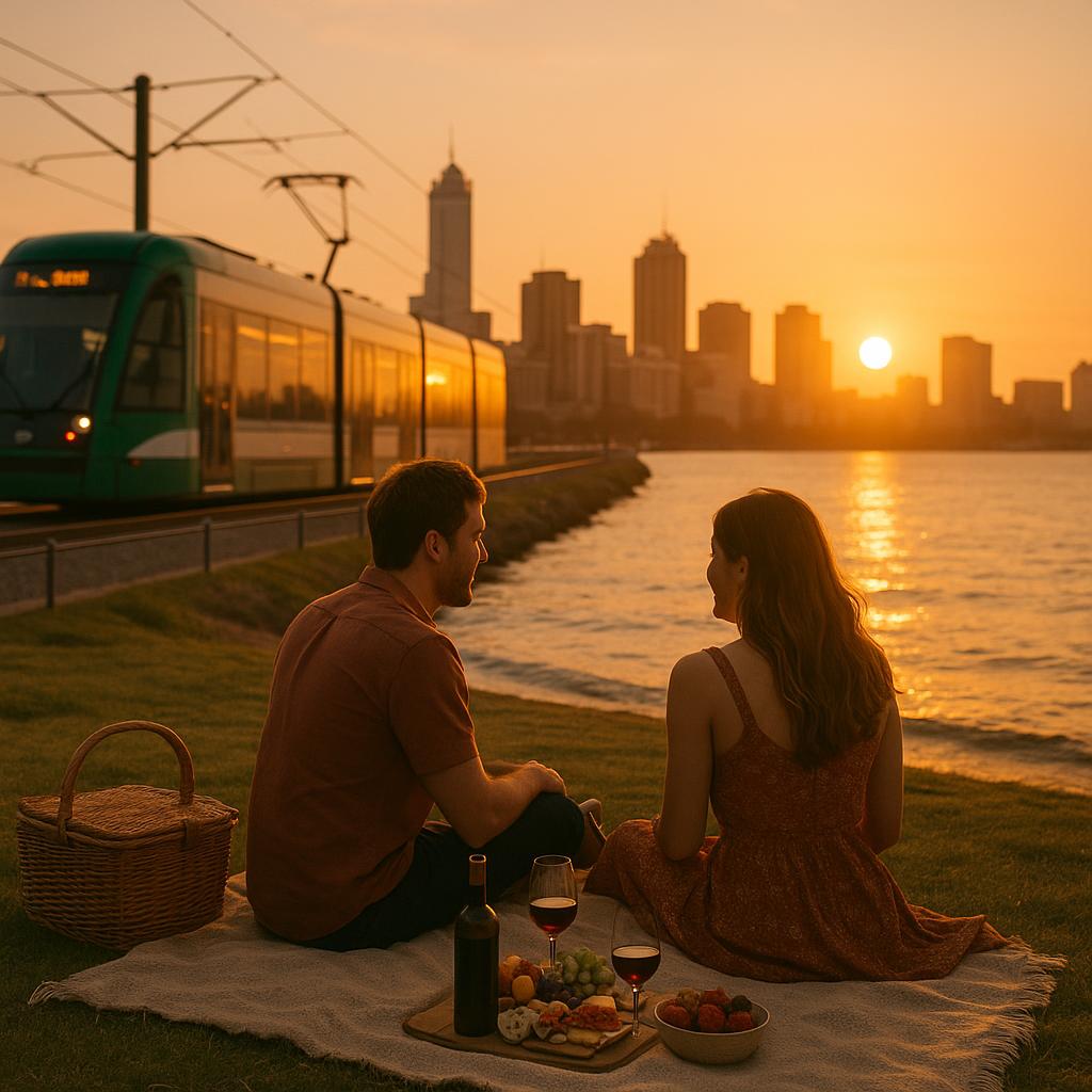 Sunset picnic by urban waterfront with city trams in background
