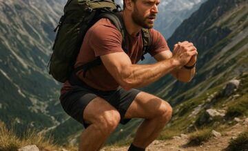 Person training with hiking backpack in mountains