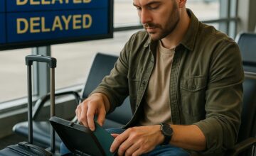 Traveler securing valuables during travel delay