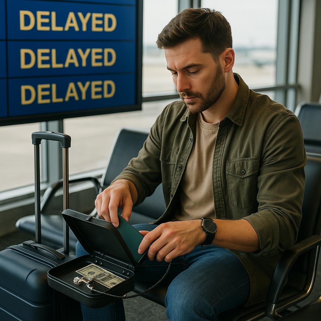 Traveler securing valuables during travel delay