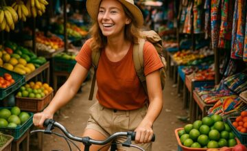 Traveler cycling through local market