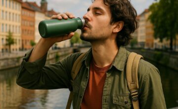 Traveler staying hydrated during city exploration