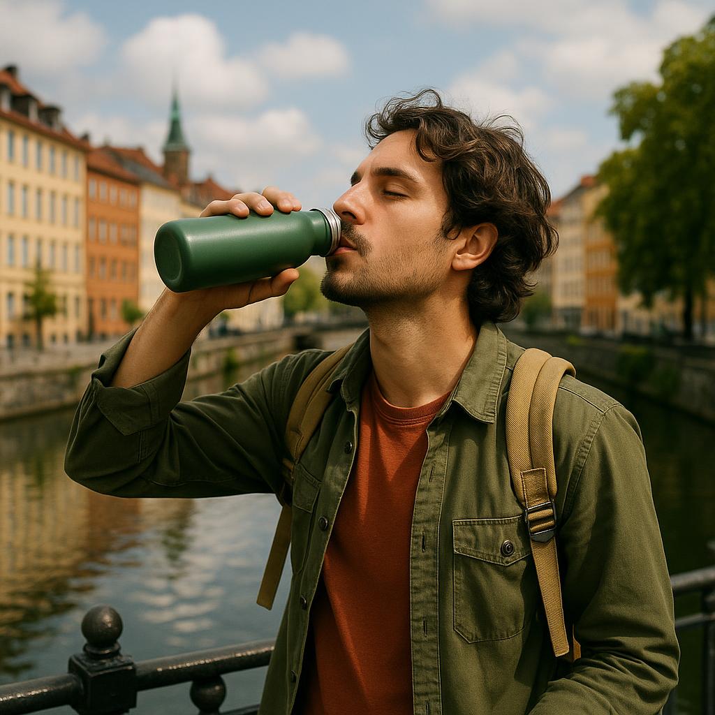 Traveler staying hydrated during city exploration