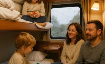 Family comfortable in private train sleeper cabin