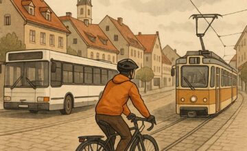 Cyclist exploring an off-season European town with buses and trams
