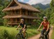 Travelers biking scenic nature trail by eco-lodge
