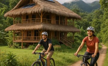 Travelers biking scenic nature trail by eco-lodge