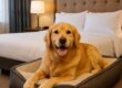 Dog relaxing on bed in pet-friendly hotel