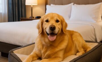 Dog relaxing on bed in pet-friendly hotel