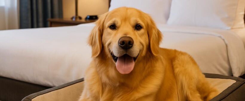 Dog relaxing on bed in pet-friendly hotel