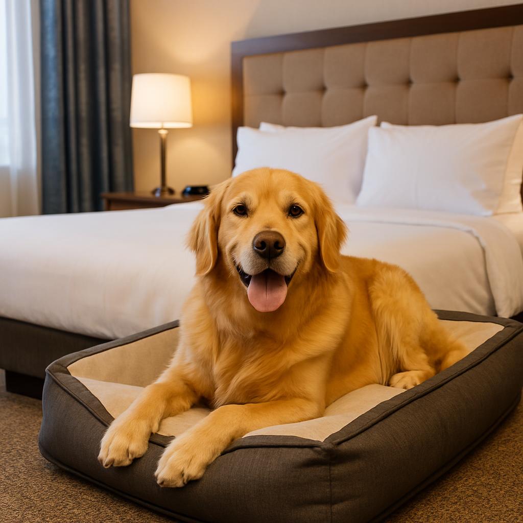 How Do You Travel with Pets and Keep It Simple? 2 Dog relaxing on bed in pet-friendly hotel