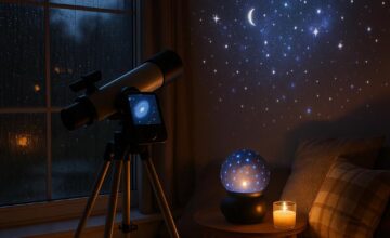 Indoor stargazing setup with digital telescope and star projector on rainy night